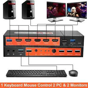 4K 60Hz HDMI KVM Switcher Box 2 Laptop PC & Dual Monitor Share One Keyboard Mouse 3 USB 3.0 , 2 Monitor Copy & Extended Display