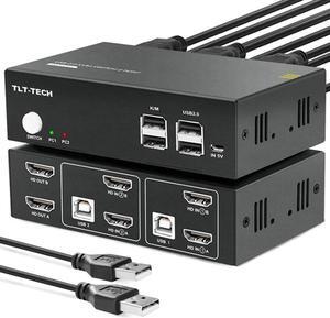 KVM Switch HDMI Dual Monitor 2 Port 4K @ 60Hz, USB2.0,2 PC 2 Monitor Switch HDMI 2.0 HDCP2.2 with 4 HDMI Cables and 2 USB Cables