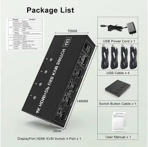 4 Port HDMI + Displayport KVM Switch Dual Monitor 4 Computers 4K @60Hz Support HDMI2.0 DP1.2 KVM Switch with 4 USB 2.0 Hub, Keyboard Mouse Monitor Switcher for 4 PCs Dual Monitors 4 in 2 Out (HDMI+DP)