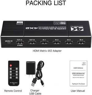 4*2 HDMI Switch Splitter 4 in 2 out 4K@60HZ HDMI 1.4 Matrix 4X2 Dual Audio Output Optical SPDIF 3.5mm L/R 3D Support EDID with Remote Switch Controller