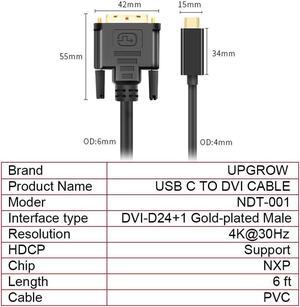 USB C Type C to DVI Cable 4K 30Hz Thunderbolt to DVI Cable 6FT / 1.8M USB Type-C to DVI Female Support 2017-2020 MacBook Pro,Surface Book 2, Dell XPS 13,Galaxy S10