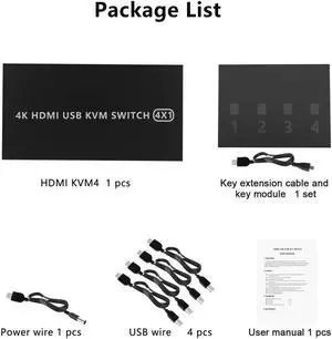 HDMI KVM Switch 4 Port HDMI Switcher, 4K @60Hz 4 In 1 Out KVM USB Switch Box for 4 PC Sharing Keyboard Mouse Monitor Compatible with Laptop, PC, PS4, Xbox HDTV