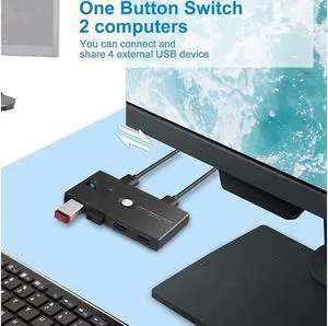 USB 3.0 KVM Switch Selector 2 Computers Sharing 4 USB Devices 4 Port USB Peripheral Switcher Box 2 in 4 Out with One-Button Swapping 2 Pack USB 3.0 Cable for Mouse, Keyboard, Scanner,Printer,Computer