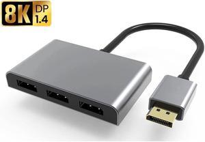 8K Displayport to 3 Displayport Splitter Multi Monitor Sharing 3 Ports DP Splitter Aluminum Alloy Audio Video Converter MST Hub for Computer Display Projector