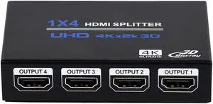 1x4 HDMI Splitter, 1 in 4 Out HDMI Splitter Audio Video Distributor Box Support 3D & 4K x 2K Compatible for HDTV, STB, DVD, PS3, Projector Etc