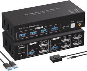 Dual Monitor DisplayPort KVM Switch 2 in 2 Out, 2 Port DP 1.4 KVM Switch for 2 Computers 2 Monitors Share Keyboard Mouse Printer Support 8K @60Hz 4K@120HZ with 4 Port USB 3.0 Support Desktop Control