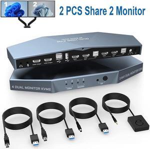 Dual Monitor HDMI KVM Switch for 2 Computers Share  2 Monitors, 4K @60Hz Extended Display Dual Monitors KVM Switch with Audio Microphone Out and 3 USB 2.0 ports, PC Monitor Keyboard Mouse Switcher