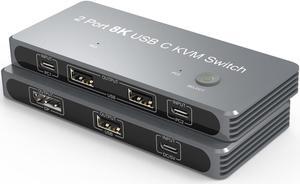 USB-C 8K KVM Switch 2x USB-C PC to 1x DisplayPort Monitor KVM Switch Compatible with Thunderbolt 3/4 Sharing 3x USB2.0 Mouse Keyboard Printer