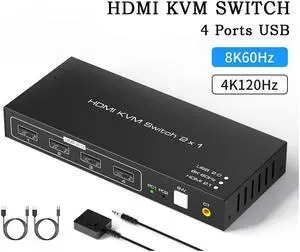 KVM Switch HDMI 2 Port Box USB Switch selector with 4 USB 2.0 Hub 2 In 1 Out HDMI USB Switch Adapter Switcher 4Kx2K@60Hz Sharing USB Device,Printer,Scanner,Keyboard,Mouse,Wire Control /Body Controller