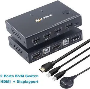 2 Ports Displayport HDMI KVM Switch Box, USB Displayport and HDMI KVM Switcher for 2 Computers Sharing One HD Monitor and 4 USB Devices Keyboard Mouse Printer, with DP to HD MI Adapter Function