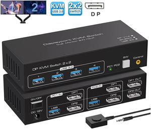 2 Port Dual Monitor Displayport KVM Switch for 2 Computers 2 Monitors Share Keyboard Mouse Printer, Displayport1.4 USB3.0 KVM Switch  Support 4K @120Hz 8K @60Hz with 4x USB 3.0 Support Desktop Control