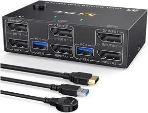 2 Ports Dual Monitor DisplayPort KVM Switch 8K @30Hz 4K @60Hz 2 in 2 Out, DP 1.4 KVM Switch and 4 USB 3.0 for 2 Computers, Backward Compatible DP1.2 with DP+USB Cables and Wired Controller included