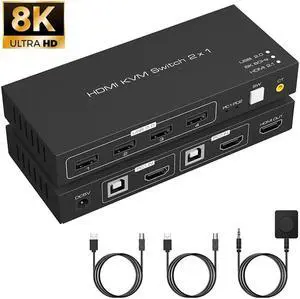 8K HDMI KVM Switch 2 Port 8K @60Hz, 2 in 1 Out HDMI KVM Switch 4 Port USB 2.0 for 2 Computers 1 Monitor Share Keyboard Mouse Printer Support Wire-Desktop Controller Including 2 USB 2.0 Cable