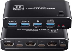 8K @60Hz HDMI2.1 KVM Switch 2 in 1 Out, 2 Port HDMI 2.1 USB KVM Switch for 2PC Shares 1 Set Mouse, Keyboard and Monitor, Support 8K @60Hz, 4K @120Hz, Hotkey, 4x USB 3.0 Port, HDMI2.1 in/Out Port