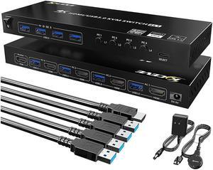USB 3.0 HDMI KVM Switch 4 Port Support 4K @60Hz RGB 4:4:4, USB Hub HDR EDID HDMI USB Switch 4 in 1 Out and 4 USB 3.0 Port for Keyboard Mouse Printer, with Controller, USB 3.0 Cables and HDMI-Cable