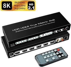 8K 4x2 HDMI Matrix, 4 in 2 Out HDMI 2.1 Matrix HDMI Video Switcher Splitter + Optical & L/R Audio Output,Support 4K @120Hz,HDR10 HDCP2.3 Do-l-by Vision Atmos SPDIF 5.1CH ARC with IR Remote Control