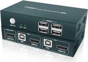 KVM Switch HDMI 2 Port, 4 USB 2.0 Hub, UHD 4K @30Hz, Support Wireless Keyboard and Mouse, No Power Require, with HDMI and USB Cables (Black)