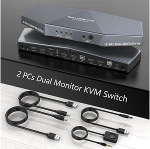 [Upgraded Version] 2 PCs Dual Monitor KVM Switch Box, 4K HDMI KVM Switch Dual Monitor Suitable for 2 Computers + 2 Monitors with Audio, USB Powered, Hotkey Switch, 4K Monitor hdmi Switch with Cables