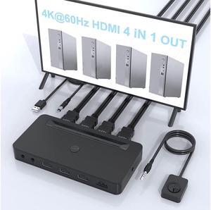 4K HDMI KVM Switch 4 Ports for 4 Computers Share One HD 4K Monitor, 3 USB Devices Keyboard Mouse Printer, 2 3.5mm Headphone Jack, Including 4 HDMI Cable and 1 Remote Controller
