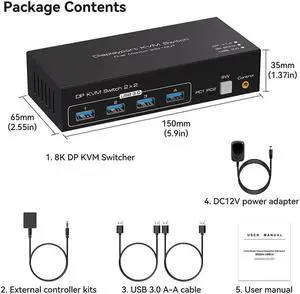 2 Port Dual Monitor Displayport KVM Switch, 2 in 2 Out DP1.4 KVM Switch for 2 Computers 2 Monitors Share Keyboard Mouse Printer Support 4K @120HZ 8K @60HZ with 4 Port USB 3.0 Support Desktop Control