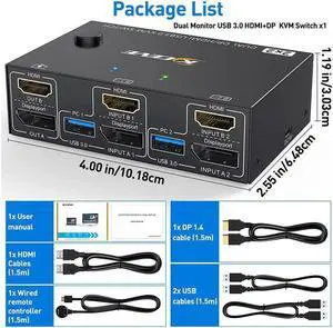 DisplayPort + HDMI Dual Monitor KVM Switch 4K @60Hz, 2K @120Hz USB 3.0 HDMI DP Extended Display Switcher for 2 Computers Share 2 Monitors and 4 USB 3.0 Ports,Wired Remote and 4 Cables Included