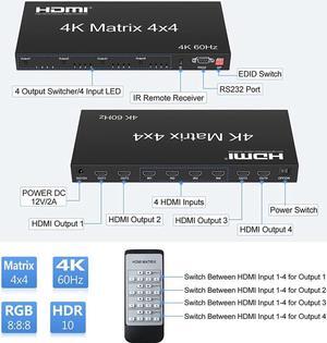 4x4 HDMI Matrix Switch 4K@60Hz, HDMI Matrix Switcher Splitter 4 in 4 Out with RS232 Control, HDMI Matrix Selector Box with EDID, Support Auto Downscaler, HDR, HDMI2.0, HDCP2.2, 18Gbps
