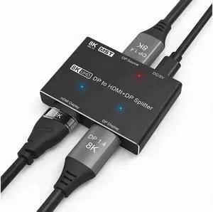8K DisplayPort 1.4 MST Hub Splitter, 1 in 2 Out Displayport DP to DP+HDMI Video Converter with MST Function, Support Extend and Mirror Mode, (Windows PC only)