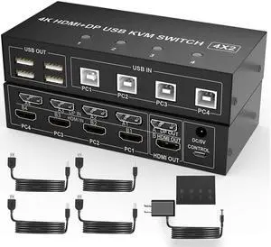 4 Port HDMI + DisplayPort KVM Switch Dual Monitor, UHD 4K@60Hz, KVM Switch 2 Monitors 4 Computers with 4 USB 2.0 Hub, Keyboard Video Mouse Peripherals Switcher for 4 PCs Dual Monitors