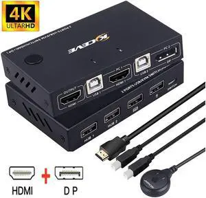 2 Port HDMI +DisplayPort KVM Switch for 2 Computers, DP HDMI USB KVM Switch for 2 Computers Share One Set Keyboard Mouse Printer and One Monitor, DP Support for 1920*1200 @30Hz HDMI Support 4K @30Hz