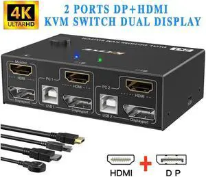 Dual Monitor Displayport+HDMI KVM Switch 4K@60Hz,2K@120Hz, HDMI DP Extended Display Switcher USB KVM Switch for 2 Computers Share 2 Monitors and 4 USB 2.0 Ports,Wired Remote and 4 Cables Included