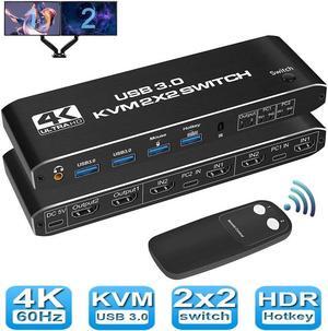 USB 3.0 HDMI KVM Switch 2 Monitors 2 Computers, 4K@60Hz Dual Monitor HDMI KVM switches 2 in 2 Out with Audio, USB 3.0 Hub Share Keyboard Video Mouse Peripherals, Hotkey,Black