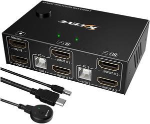 2 Port Dual Monitor HDMI KVM Switch 4K @30Hz, USB HDMI Extended Display Switcher for 2 Computers Share 2 Monitors and 4 USB 2.0 Hub, USB KVM Switch with Desktop Controller and USB Cables Included