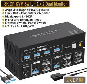Dual Monitor Displayport KVM Switch, 2 Port DP 1.4 KVM Switch 2 in 2 Out for 2 Computers 2 Monitors Share Keyboard Mouse Printer Support 8K @60Hz 4K @120Hz with 4 Port USB 3.0 Support Desktop Control