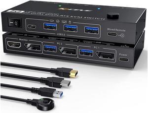 Dual Monitor DisplayPort KVM Switch 8K@30Hz for 2 PCs 2 Monitors, USB 3.0 DP1.4 KVM Switch 2 Displayport in Displayport + HDMI Out, Backnward Compatible DP1.2 with DP+USB Cables and Wired Controller