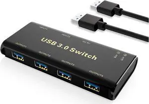 USB 3.0 Switch Selector, USB KVM Switcher Adapter 4 Port USB Peripheral Switcher Box Hub for Mouse, Keyboard, Scanner, Printer, PCs with One-Button Switch and 2 Pack USB Cable