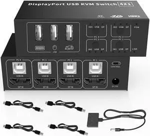 4 in 1 Out DisplayPort KVM Switch 4x1, 4 Port 4K @60Hz USB and DP Switch for 4 Computers Share Keyboard Mouse Printer Monitor for Laptop,PC, with 4X USB Cable,1x Switch Button Cable,1x Power Cable