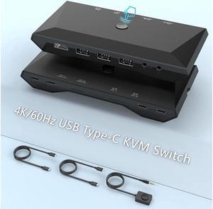 2-Port USB Type-C KVM Switch, 4K 60Hz HDMI KVM Switch 2 in 1 Out Dual USB C KVM Switch 2 Computers with HDMI, 60W PD, 3X USB 2.0, Remote Control, 3.5mm Audio/Mic for M-a-c-Book, i-Pad Pro, USB-C PC