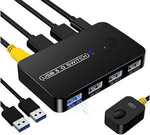 USB 3.0 Switch, USB KVM Switcher for 2 Computers Sharing 4 USB Devices KVM Switcher Box for Printer Keyboard Mouse Scanner U-Disk 2 in 4 Out USB Switch Box