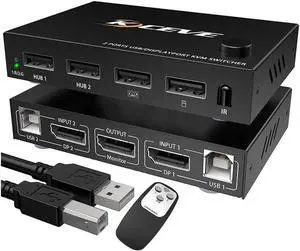 2 in 1 Out Dispplayport KVM Switch, 2 Port DP KVM Switcher with 2.0 USB Hub Support 4K @60Hz Control Up to 2 Computers for Share Keyboard, Mouse, Monitor