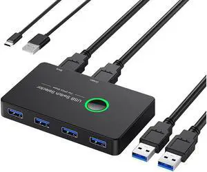 2 in 4 Out USB 3.0 KVM Switch, Premium USB Switcher Box for 2 Computers Sharing 4 USB Devices, USB 3.0 Switch for Keyboard Mouse Printer Scanner, Peripheral Switcher Compatible with Mac/Windows/Linux
