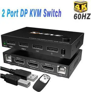 2 Port Displayport USB KVM Switch 2 in 1 Out, DisplayPort 2 Port DP Display Port KVM Switcher with 2.0 USB Hub Support 4K @60Hz (3840*2160) for Share Keyboard Mouse Monitor