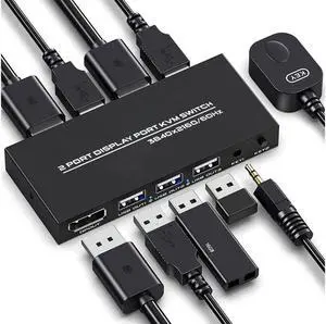 KVM Switch DisplayPort - 2 Port DP KVM Switch, Two Computers One Monitor Switch to Share Mouse,Keyboard,Printer, USB 2.0 Device and Ultra HD Monitor, Support 4K @60Hz, 2 DP and 2 USB Cable Included