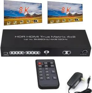 4x2 HDMI Matrix, UHD 8K @60Hz HDMI Matrix Switcher 4 in 2 Out 4K @120Hz HDR HDMI Splitter HDMI Scaler 8K 60Hz Sync, HDCP2.3 HDMI2.1 40 Gbps HDMI 2.1 Matrix 4x2 IR and Power Adapter