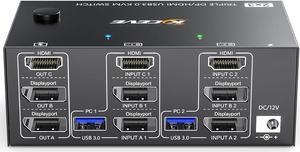 KVM Switch 3 Monitors 2 Computers 8K@60Hz 4K@144Hz, HDMI+2 Displayport KVM Switch Triple Monitor for 2 Computer Share 3 Monitor and 4 USB3.0 Port Keyboard Mouse,Wired Remote and 5 Cables Included