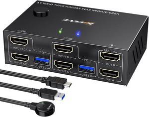 USB 3.0 HDMI KVM Switch 2 Monitors 2 Computers 4K@60Hz 2K@144Hz, EDID Emulator, Camgeet Dual Monitor KVM Switch for 2 Computers Share 2 Displays and 4 USB 3.0 Ports,Wired Remote and Cables Included