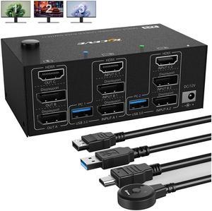 Triple Monitors KVM Switch 2 DisplayPort + HDMI 3 Ports 8K@60Hz 4K@144Hz Extended Display, KVM Switch 2 PC 3 Monitors, USB 3.0 KVM Switch with 4 USB 3.0 Ports for Keyboard Mouse, Printer USB Devices