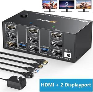 Triple Monitors KVM Switch HDMI 2 Displayport USB 3.0 KVM Switch 8K@60Hz, 4K@144Hz 3 Monitors 2 Computers KVM with 4 USB 3.0 Ports Included KVM Cables,HD-MI 8K@60Hz/4K@60Hz,DP 8K@30Hz/4K@144Hz