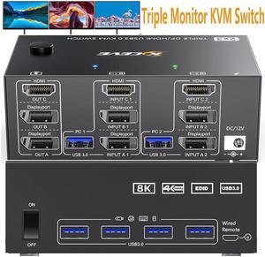 2 Displayport + HDMI 3 Monitor KVM Switch USB 3.0, 8K @60Hz 4K@144Hz Triple Monitor KVM Switch for 2 Computer Share 3 Monitor and 4 USB 3.0 Port Keyboard Mouse, Wired Remote and 5 Cables Included