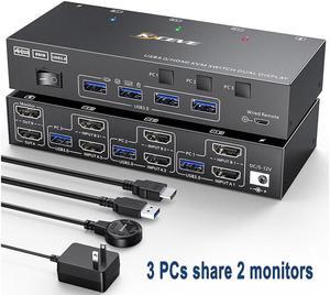 USB 3.0 HDMI KVM Switch 3 in 2 Out 4K@60Hz, EDID Emulator, Dual Monitor KVM Switch for 3 Computers Share 2 Displays Keyboard Mouse Printer, Wired Remote and Cables included