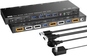 KVM Switch 2 Monitors 2 Computers, for 2 Computers to Share 4 USB 3.0 HUB and 2 Monitors, Support KVM Mode and USB Mode,Voice Controlled DisplayPort KVM Switch, 8K@30Hz 4K@144Hz